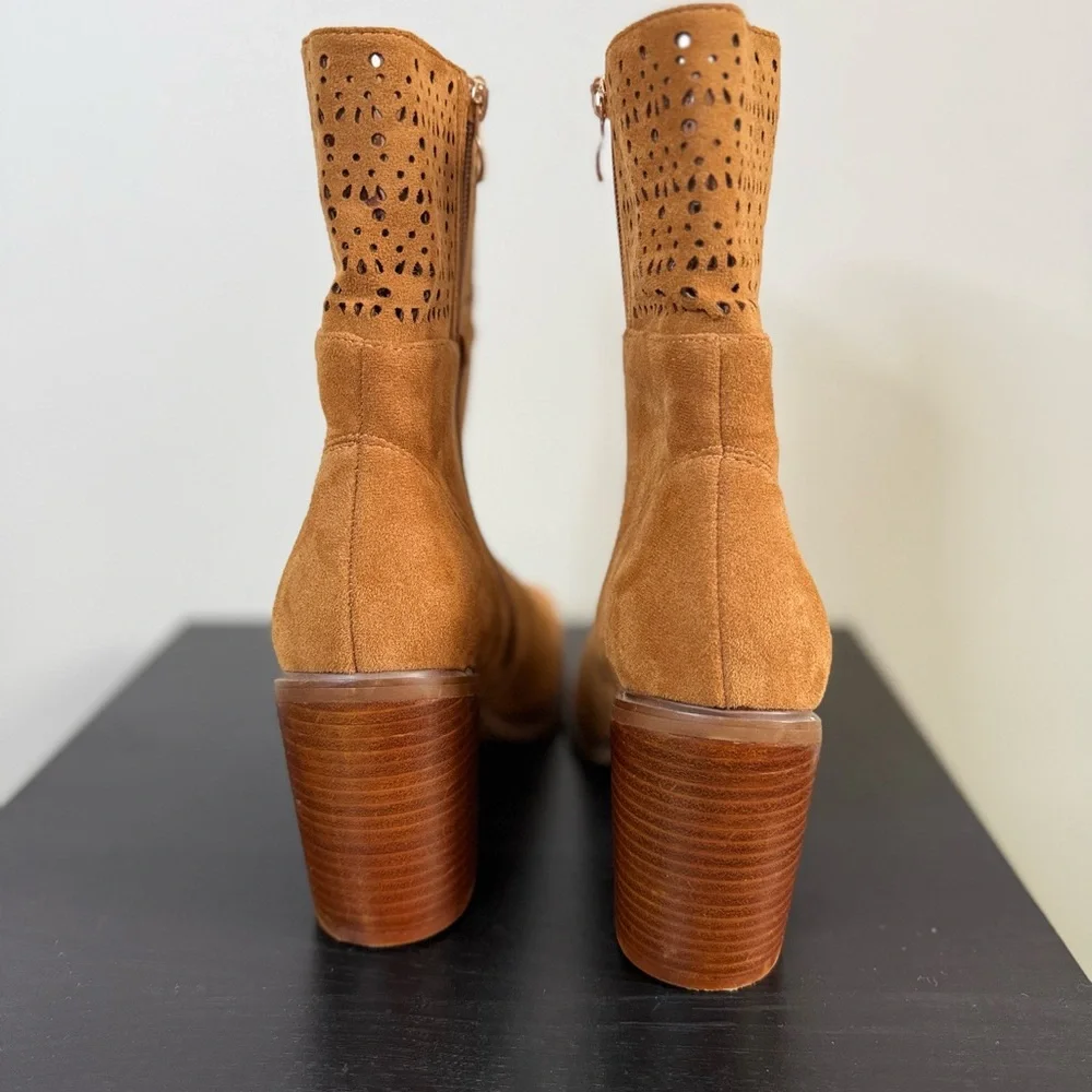 Camel Faux Suede Perforated Ankle Boots Stacked Heel Size 10